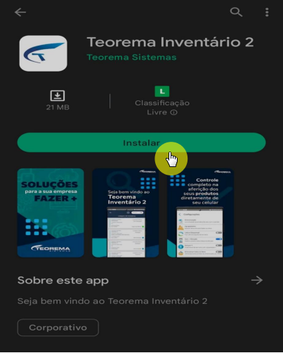 Página do app Teorema Inventário 2 na Play Store com botão Instalar e miniatura de capturas de tela do app