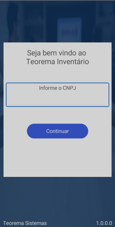 Tela de boas-vindas do Teorema Inventário com campo "Informe o CNPJ" e botão Continuar