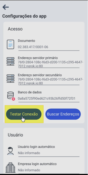 Tela Configurações do app com campos de Acesso preenchidos e botão Testar Conexão destacado