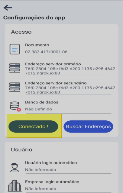 Tela Configurações do app com botão exibindo status "Conectado !"