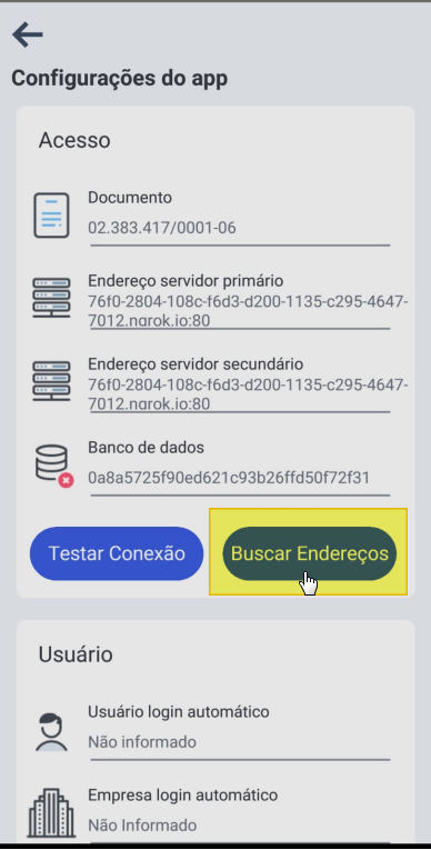 Tela Configurações do app com botão Buscar Endereços destacado