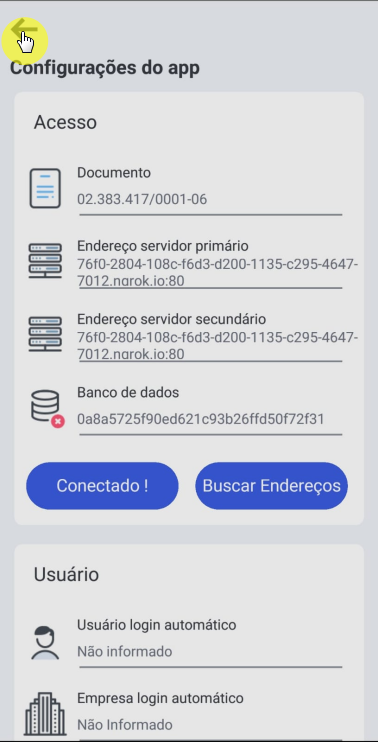 Tela Configurações do app com status Conectado e botão de retorno destacado