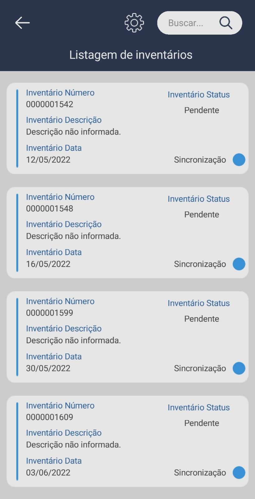 Tela Listagem de inventários com quatro inventários listados, cada um com número, descrição, data e status Pendente