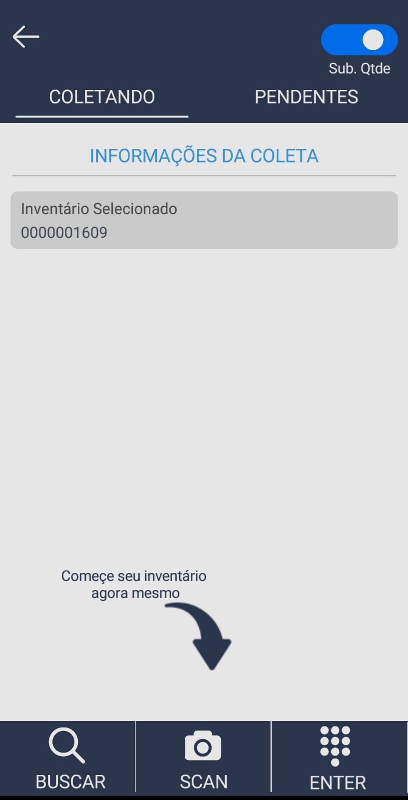 Tela Informações da Coleta com inventário selecionado e botões BUSCAR, SCAN e ENTER na barra inferior
