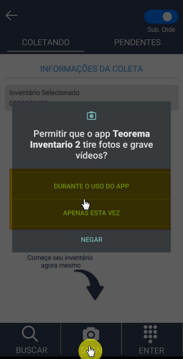 Caixa de diálogo do Android solicitando permissão para o app Teorema Inventario 2 tirar fotos e gravar vídeos, com opções DURANTE O USO DO APP, APENAS ESTA VEZ e NEGAR