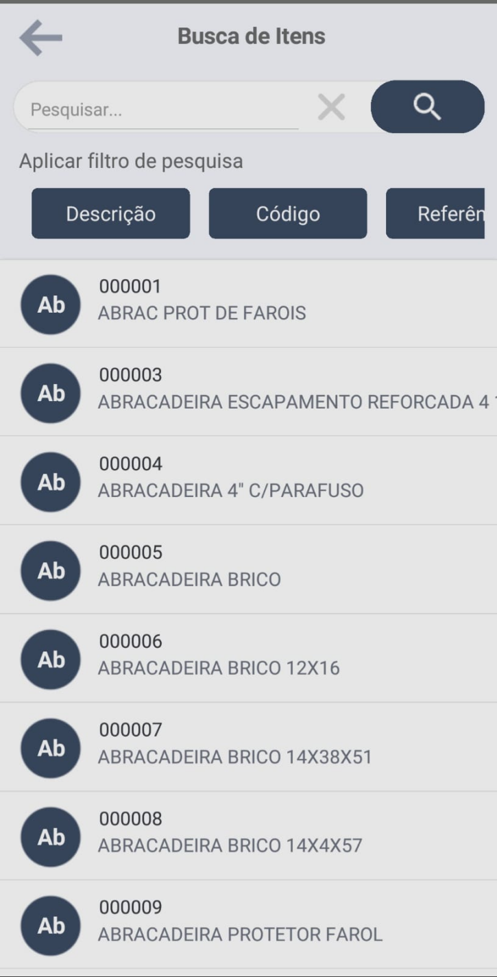 Tela Busca de Itens com campo de pesquisa, filtros Descrição, Código e Referência, e lista de itens