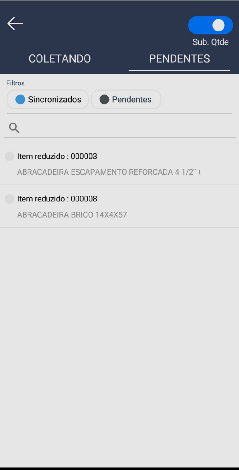 Tela na aba PENDENTES com filtros Sincronizados e Pendentes e lista de itens aguardando sincronização