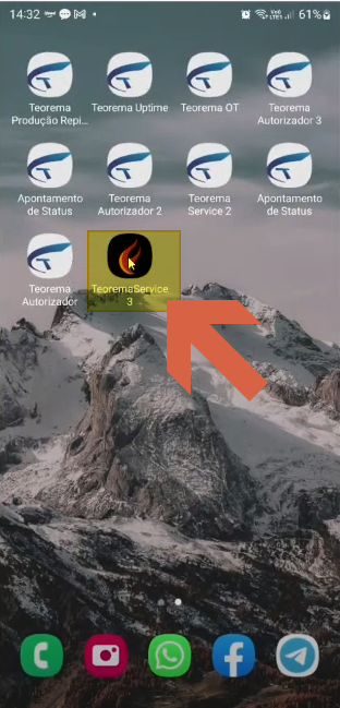 Tela inicial do dispositivo Android com os ícones dos aplicativos Teorema instalados; o ícone do Teorema Service 3.0 está destacado com uma seta