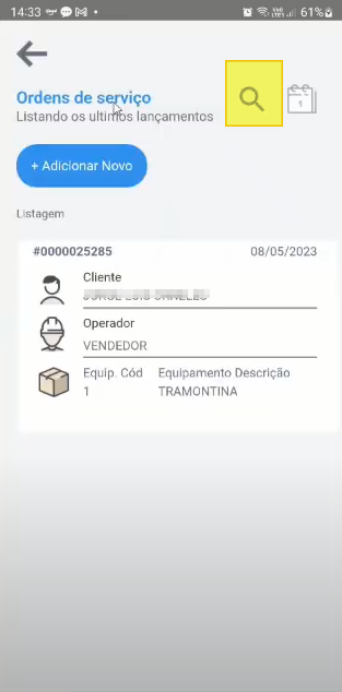 Tela "Ordens de serviço" com o ícone de lupa destacado no canto superior direito