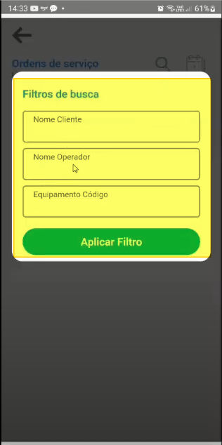 Painel "Filtros de busca" sobreposto à tela de listagem, com os campos Nome Cliente, Nome Operador e Equipamento Código e o botão "Aplicar Filtro"