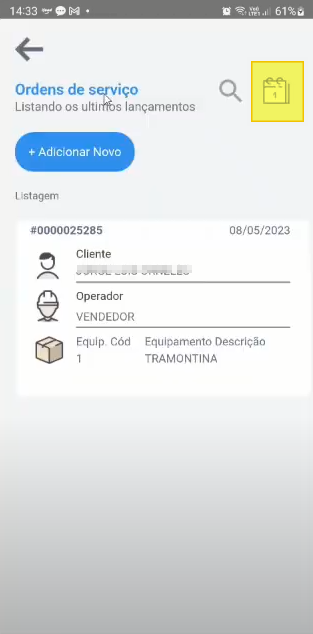 Tela "Ordens de serviço" com o ícone de calendário destacado no canto superior direito