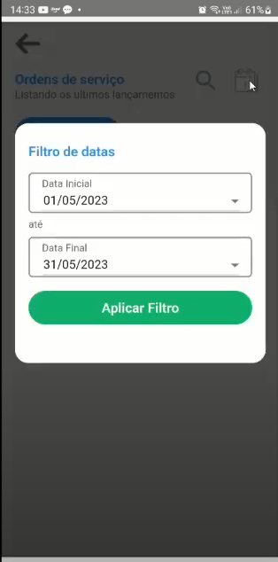 Painel "Filtro de datas" com os campos Data Inicial preenchido com 01/05/2023 e Data Final com 31/05/2023, e o botão "Aplicar Filtro"