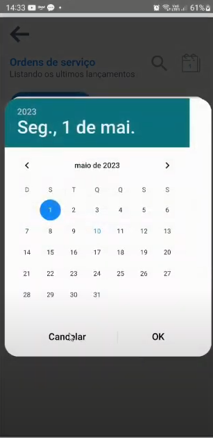 Seletor de calendário do Android exibindo maio de 2023 com o dia 1 selecionado e os botões "Cancelar" e "OK"