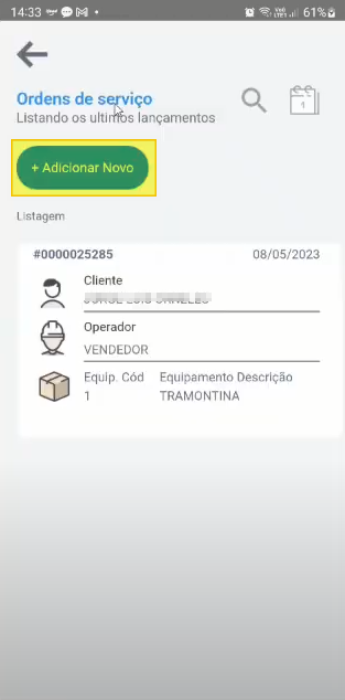 Tela "Ordens de serviço" com o botão "+ Adicionar Novo" destacado