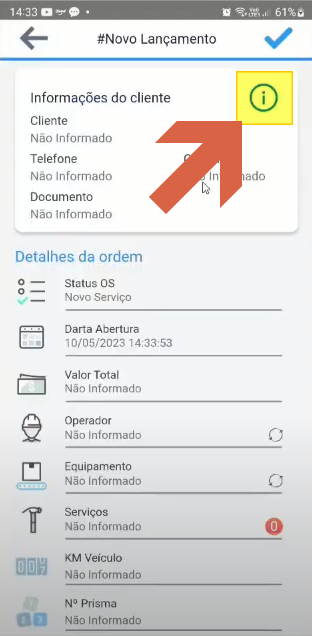 Formulário #Novo Lançamento com o ícone de informações ao lado de "Informações do cliente" destacado por uma seta