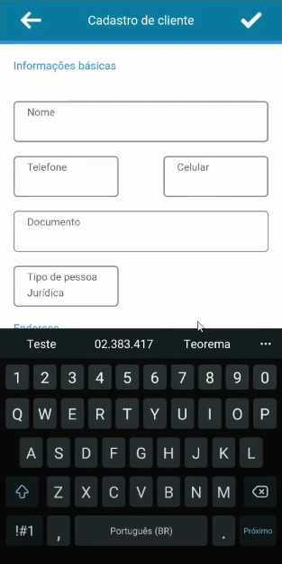 Formulário "Cadastro de cliente" com os campos Nome, Telefone, Celular, Documento e Tipo de pessoa = Jurídica, com a seção Endereço parcialmente visível