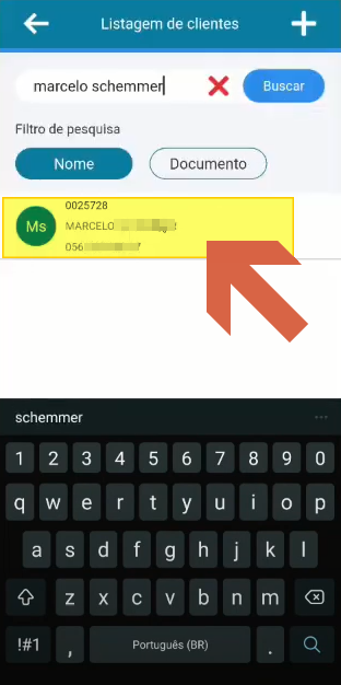 Tela "Listagem de clientes" exibindo resultado de busca pelo nome "marcelo schemmer" com o registro do código 0025728 destacado e uma seta apontando para ele