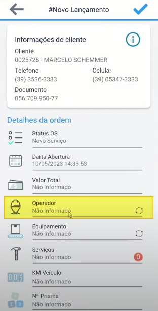 Formulário #Novo Lançamento com o campo "Operador" destacado por um retângulo amarelo na seção Detalhes da ordem
