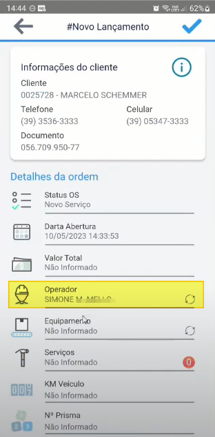 Formulário #Novo Lançamento com o campo "Operador" preenchido com o nome do operador selecionado, destacado por um retângulo amarelo