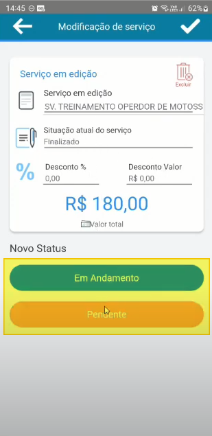 Tela "Modificação de serviço" com a situação atual "Finalizado" e a seção Novo Status exibindo os botões "Em Andamento" e "Pendente" destacados em amarelo