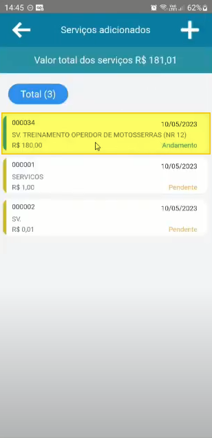 Tela "Serviços adicionados" com o serviço 000034 exibindo o status "Andamento" destacado em amarelo