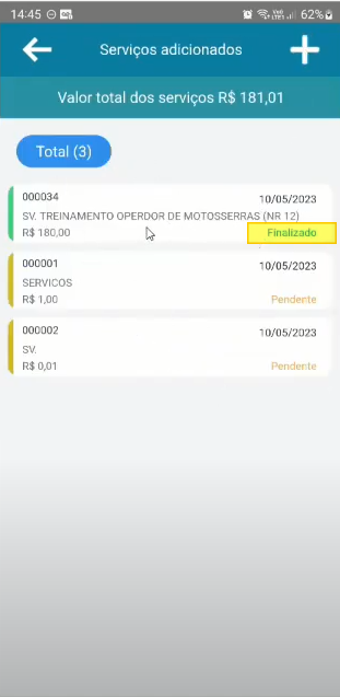 Tela "Serviços adicionados" com o serviço 000034 exibindo o status "Finalizado" destacado em amarelo