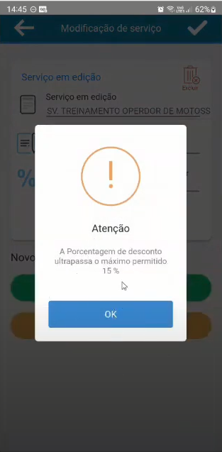 Diálogo de alerta com ícone de atenção e a mensagem "A Porcentagem de desconto ultrapassa o máximo permitido 15 %" e botão OK