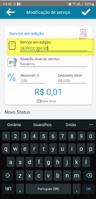 Tela "Modificação de serviço" com o campo "Serviço em edição" em modo de edição exibindo o texto "SERVICO EM GE" sendo digitado
