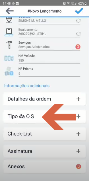 Formulário #Novo Lançamento com a seta apontando para o item "Tipo da O.S" na seção Informações adicionais