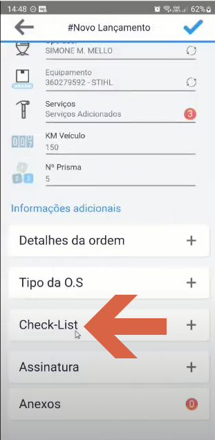 Formulário #Novo Lançamento com a seta apontando para o item "Check-List" na seção Informações adicionais