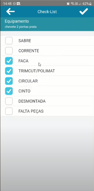 Tela "Check-List" com os itens FACA, TRIMCUT/POLIMAT, CIRCULAR e CINTO marcados com checkboxes preenchidos