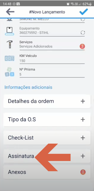Formulário #Novo Lançamento com a seta apontando para o item "Assinatura" na seção Informações adicionais