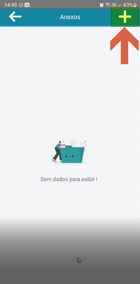 Tela "Anexos" sem registros exibindo a mensagem "Sem dados para exibir!" e o botão "+" no canto superior direito