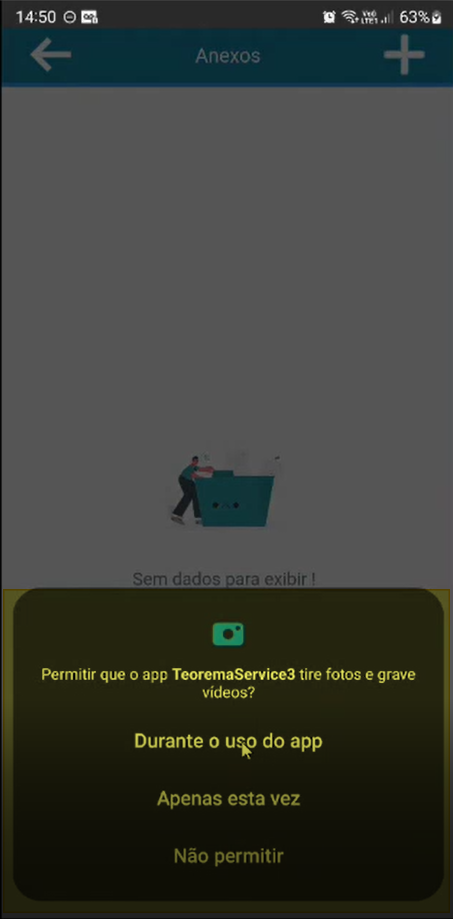 Diálogo do Android solicitando permissão para o app TeoremaService3 tirar fotos e gravar vídeos, com as opções "Durante o uso do app", "Apenas esta vez" e "Não permitir"