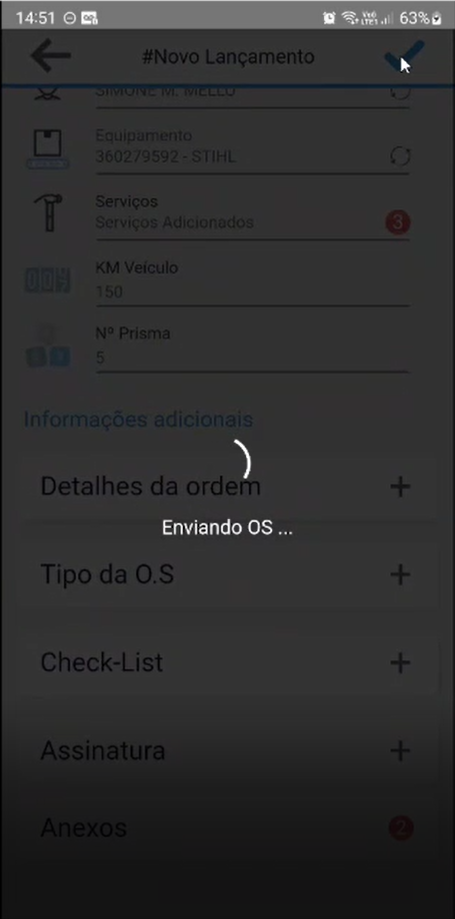 Formulário #Novo Lançamento com o overlay de carregamento exibindo a mensagem "Enviando OS ..."