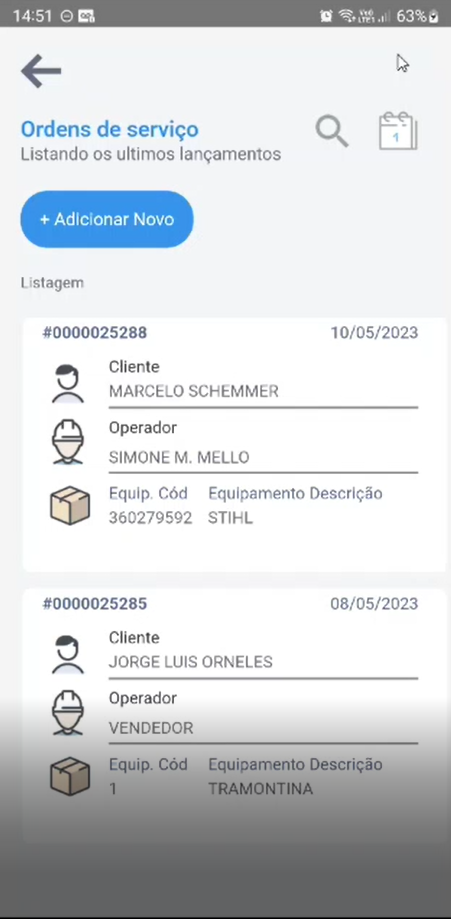 Tela "Ordens de serviço" exibindo duas ordens: a nova O.S #0000025288 de 10/05/2023 com os dados do cliente e operador, e a O.S anterior #0000025285 de 08/05/2023
