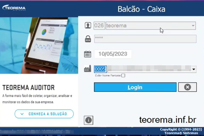 Tela de login do módulo Balcão - Caixa com os campos de usuário, senha (mascarada com asteriscos), data e empresa; botão Login visível