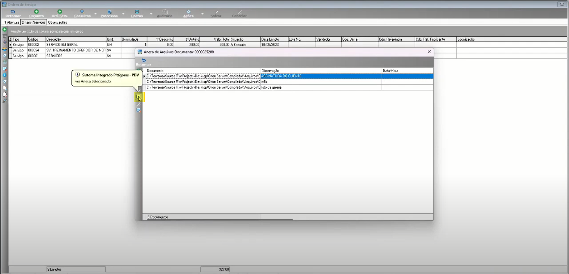Diálogo "Anexo de Arquivos Documento" com o primeiro registro selecionado e o tooltip "Sistema Integrado Pitágoras - PDV / ver Anexo Selecionado" exibido