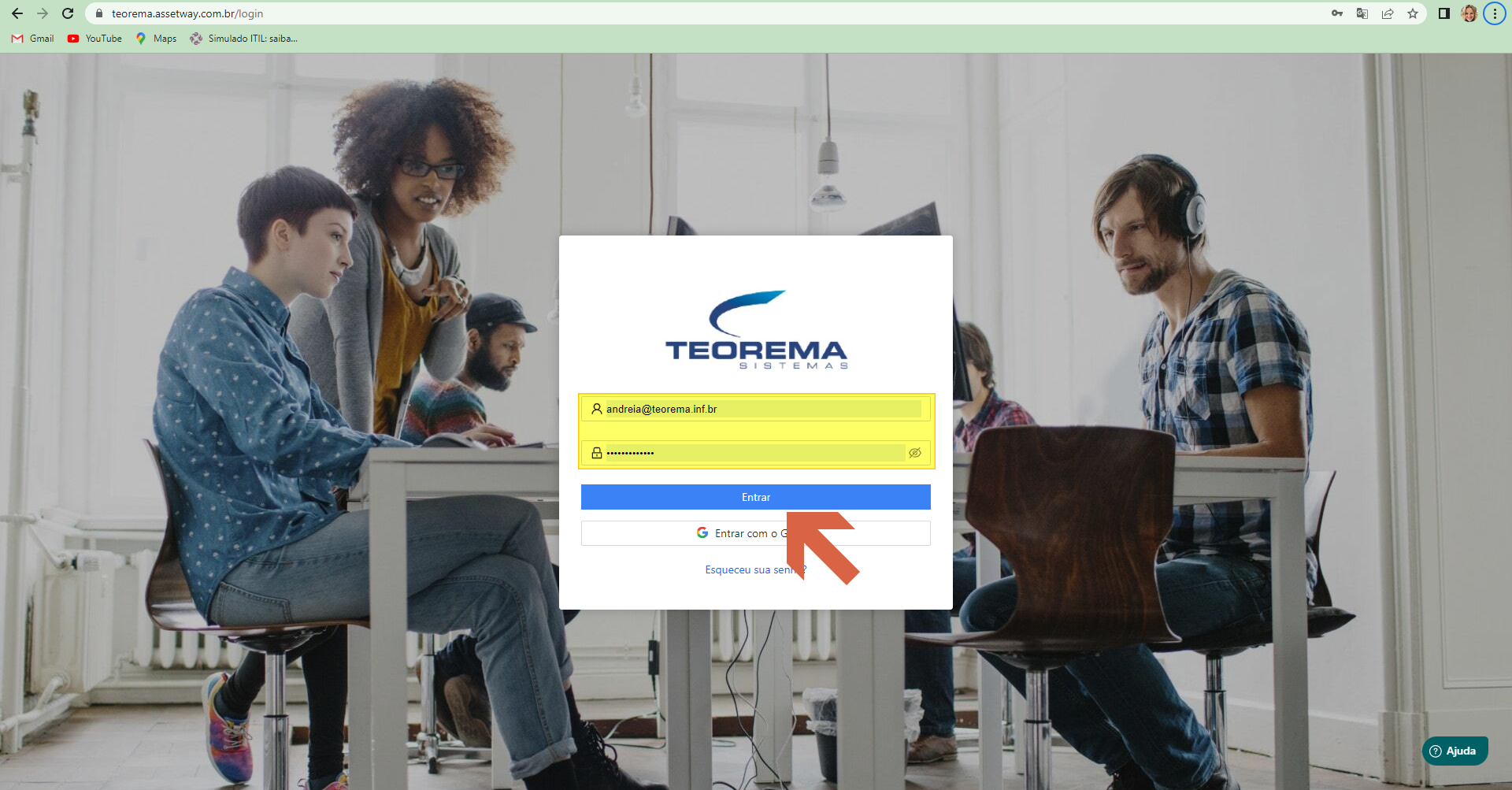 Tela de login do Assetway com campos de e-mail e senha e botão Entrar