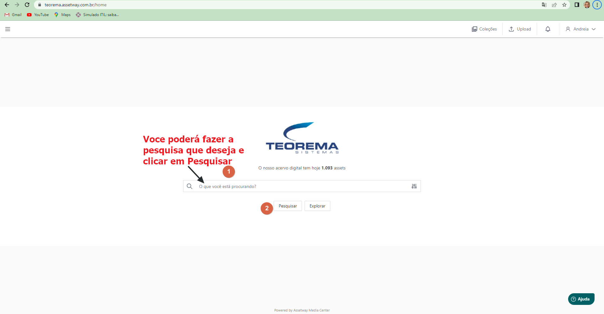 Tela home do Assetway com campo de busca, botões Pesquisar e Explorar, e indicação de campo de pesquisa