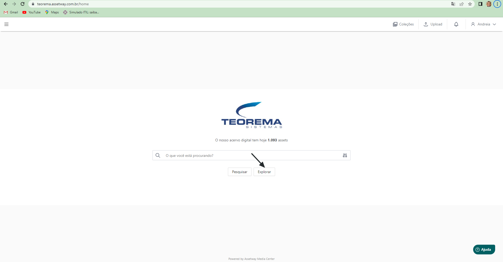 Tela home do Assetway com seta apontando para o botão Explorar