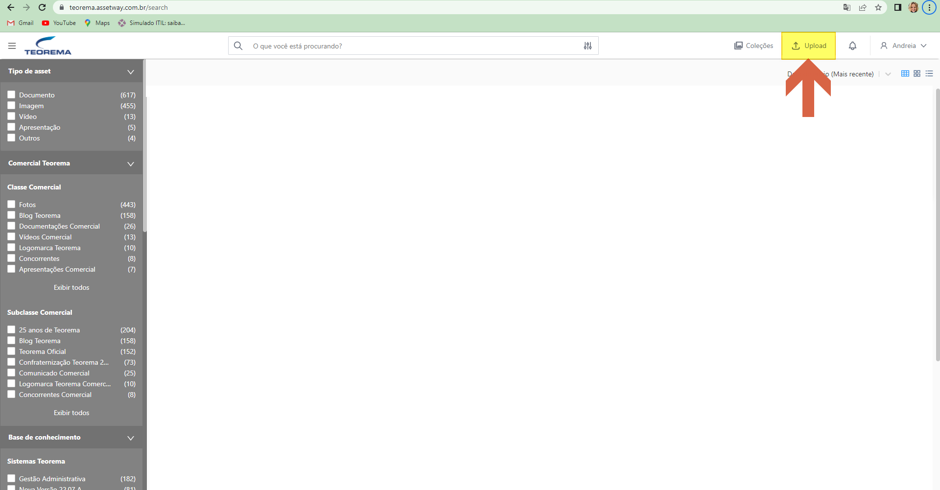 Tela de busca do Assetway com botão Upload destacado no topo direito