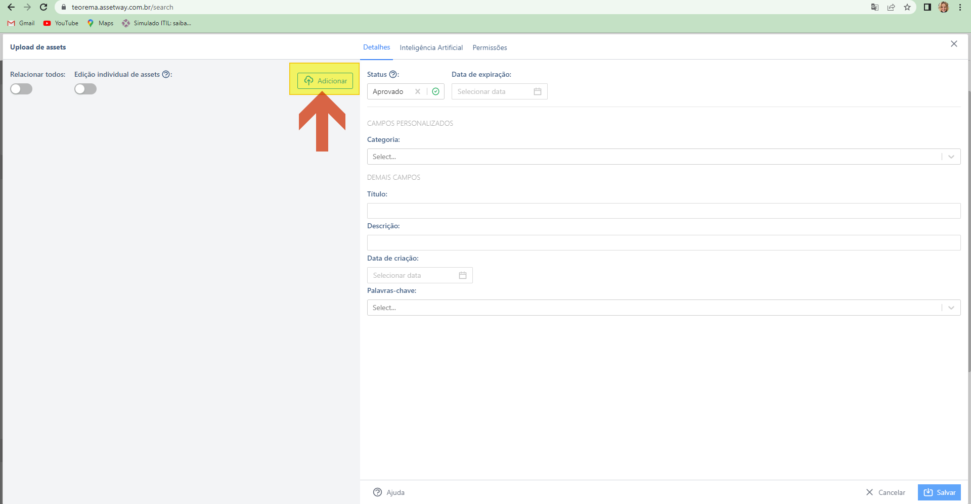 Janela Upload de assets com botão Adicionar em destaque e campos de Detalhes: Status, Campos Personalizados (Categoria) e Demais Campos (Título, Descrição, Data de criação, Palavras-chave)