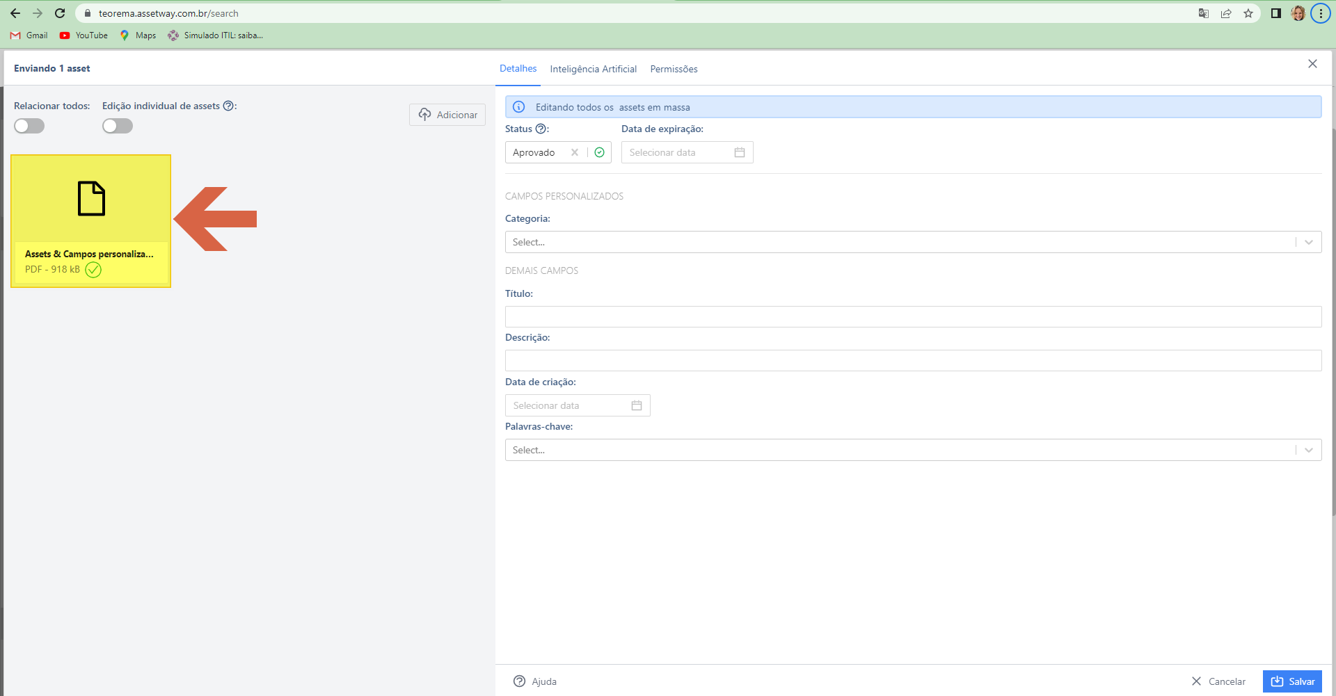 Janela Enviando 1 asset com arquivo PDF selecionado e campos de Detalhes disponíveis para preenchimento
