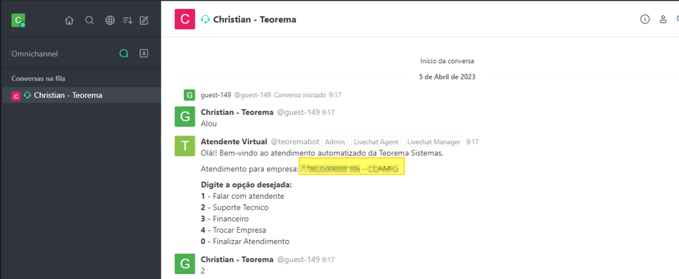 Tela do Omnichannel mostrando conversa iniciada pelo guest-149; Atendente Virtual exibe "Atendimento para empresa:" com o nome da empresa destacado e menu com opções: 1 - Falar com atendente, 2 - Suporte Tecnico, 3 - Financeiro, 4 - Trocar Empresa, 0 - Finalizar Atendimento