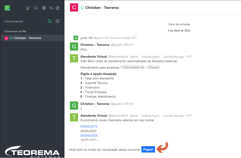 Tela do Omnichannel com conversa do guest-149; bot exibe chamados abertos 0000453375 (20/03/2023) e 0000452828 (14/03/2023) e pergunta "Deseja abrir um novo chamado?" com opções 1 a 0; botão "Pegue!" destacado na barra inferior com seta indicativa