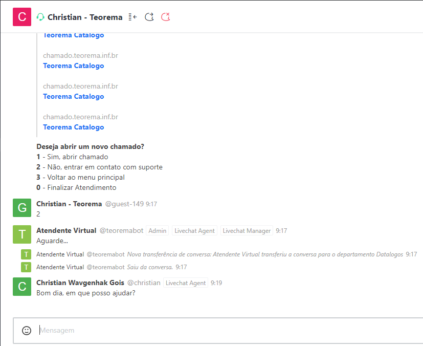 Tela do Omnichannel com conversa do guest-149 transferida ao departamento Datalogos; mensagem do agente Christian Wavgenhak Gois (@christian): "Bom dia, em que posso ajudar?"