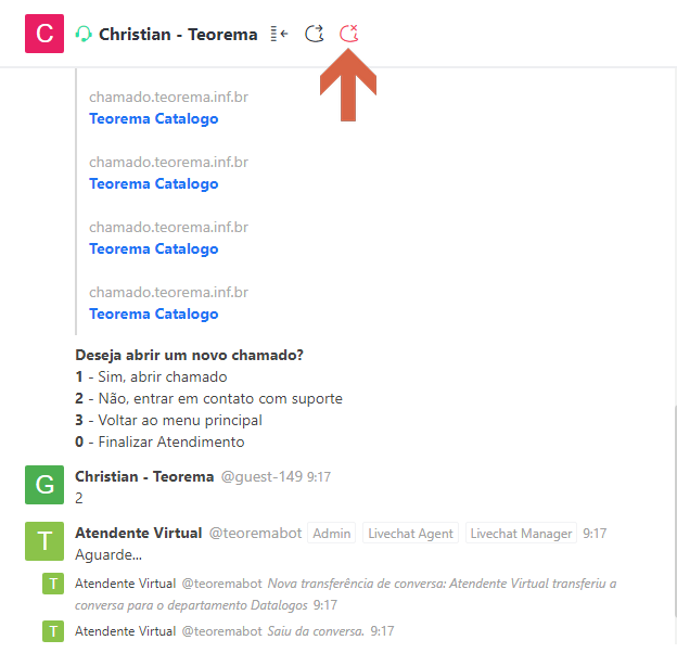 Tela do Omnichannel com conversa do guest-149; barra superior exibe ícone de encerrar conversa (X circular) com seta indicativa; área de chat mostra mensagens do bot com opções "Deseja abrir um novo chamado?" e status de transferência ao departamento Datalogos