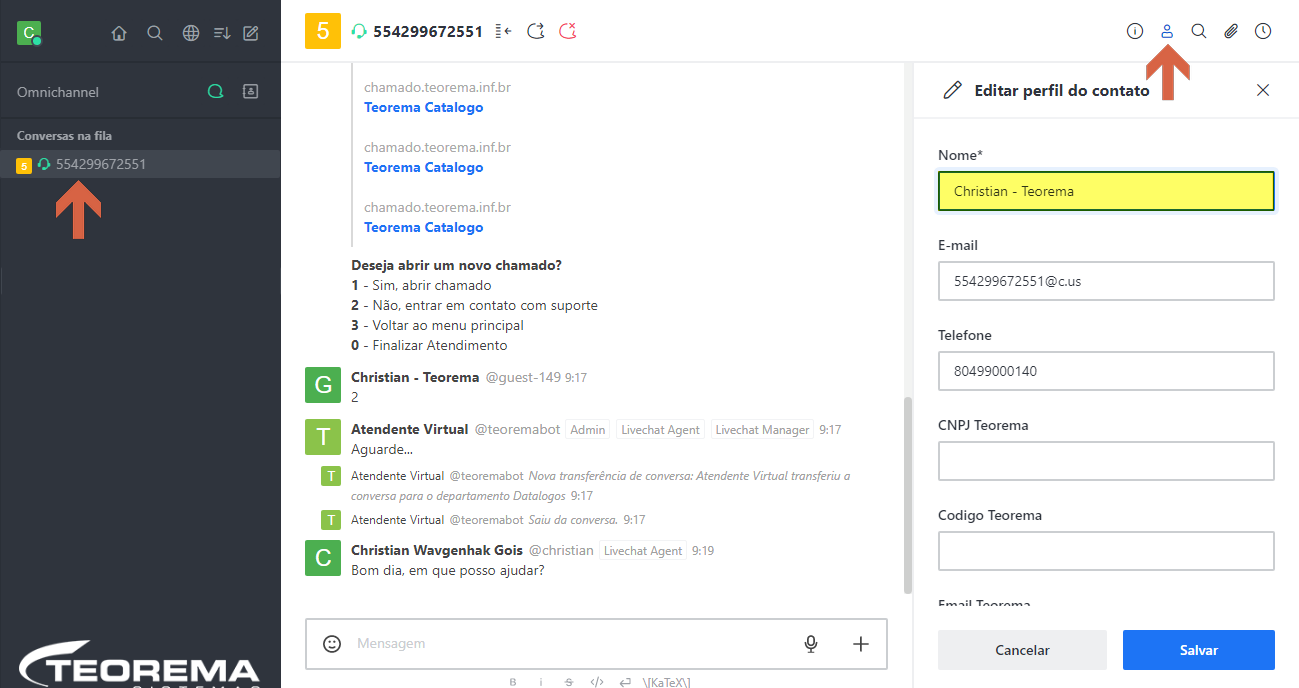 Tela do Omnichannel com conversa identificada como "554299672551" na fila; painel lateral "Editar perfil do contato" aberto com campos: Nome (preenchido com "Christian - Teorema" destacado em amarelo), E-mail (554299672551@c.us), Telefone (80499000140), CNPJ Teorema (vazio), Codigo Teorema (vazio), Email Teorema (parcialmente visível); botões "Cancelar" e "Salvar"; seta indicando ícone de editar contato na barra superior