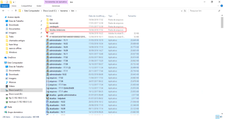 Windows Explorer exibindo C:\teorema\bin com a pasta "Versões Anteriores" destacada entre as pastas Old, teoremabi e vendaspdv, e vários executáveis administrativos e de arquivos listados abaixo
